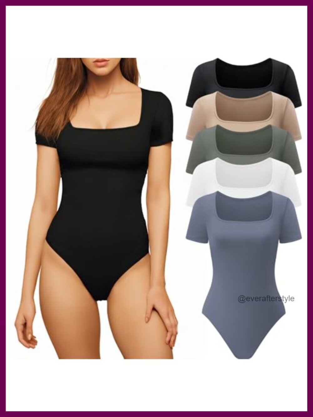 5 Pack Women's Short Sleeve Square Neck Bodysuit Tops Rayon Spandex Ribbed
